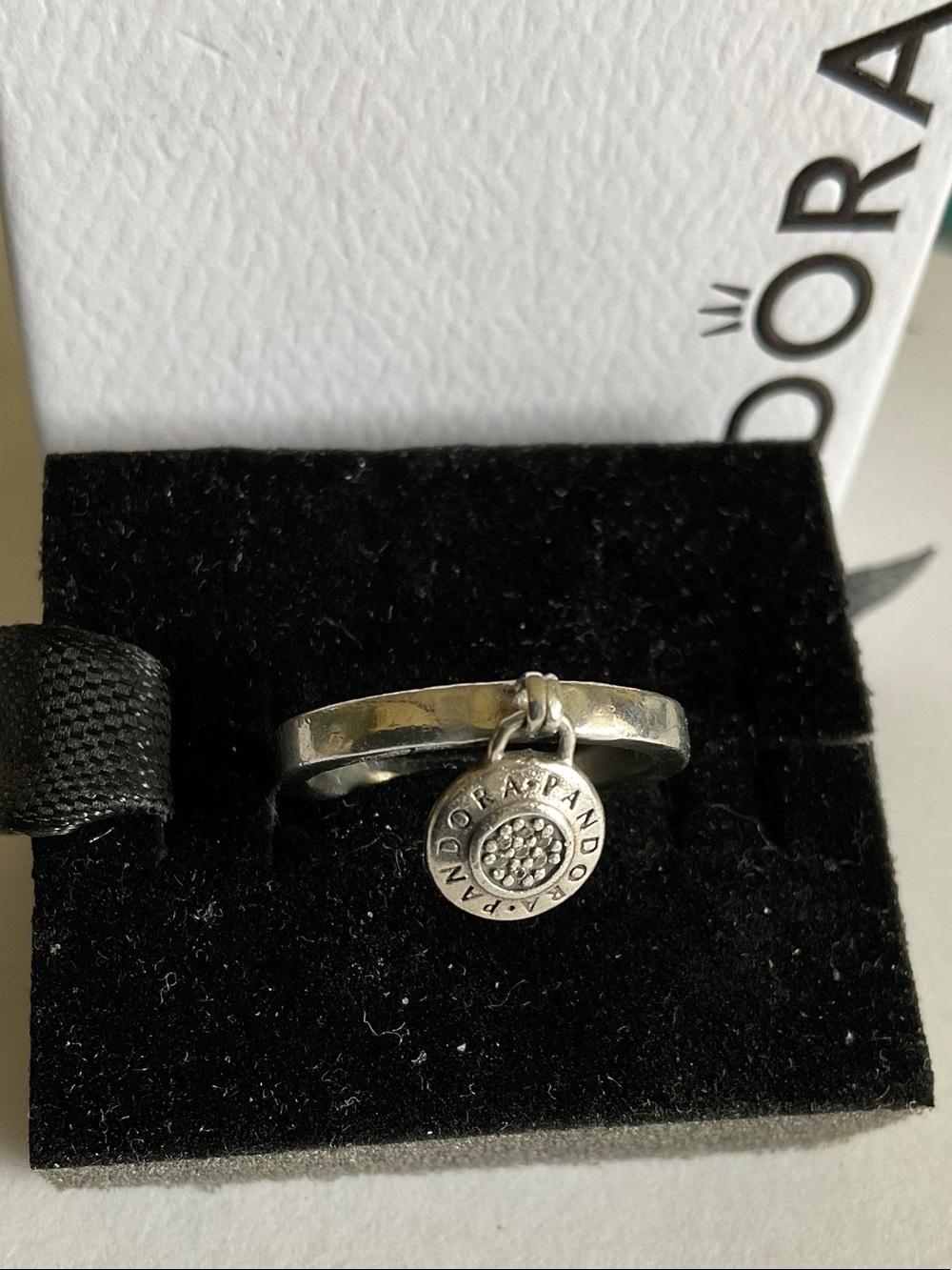 Pandora Silver Ring with Dangling Logo Charm